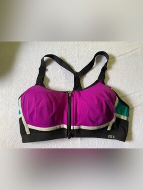 VSX Magenta and Teal Front-Zip Sports Bra with Black Trim